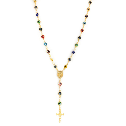 Gold-filled y-necklace featuring Turkish evil eye charms, a central medal, and a gold cross pendant for a striking rosary necklace look.